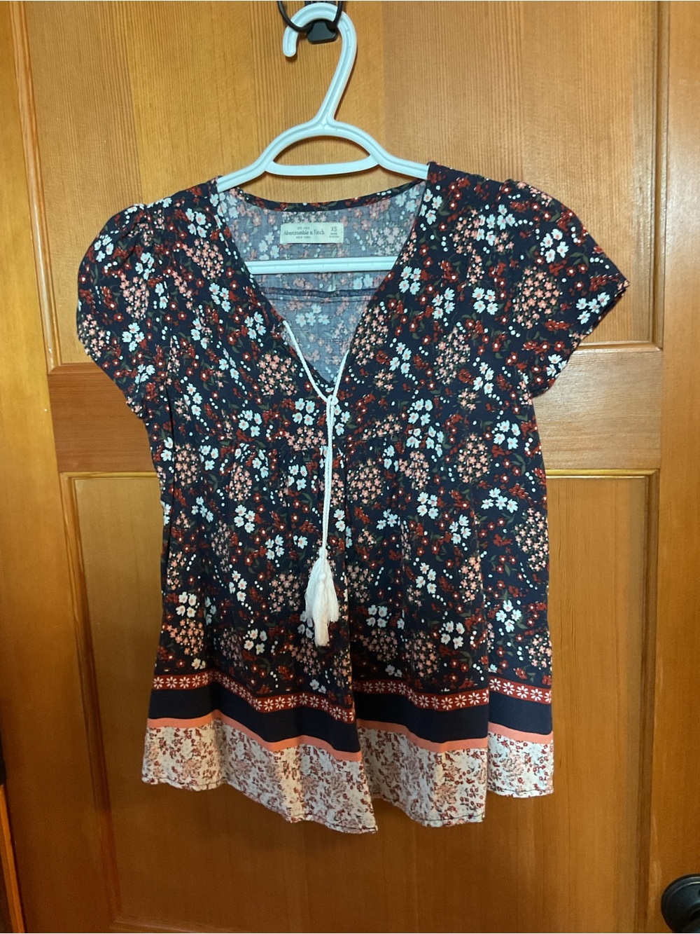Abercrombie & Fitch Navy Floral Tassel Peasant Tunic
